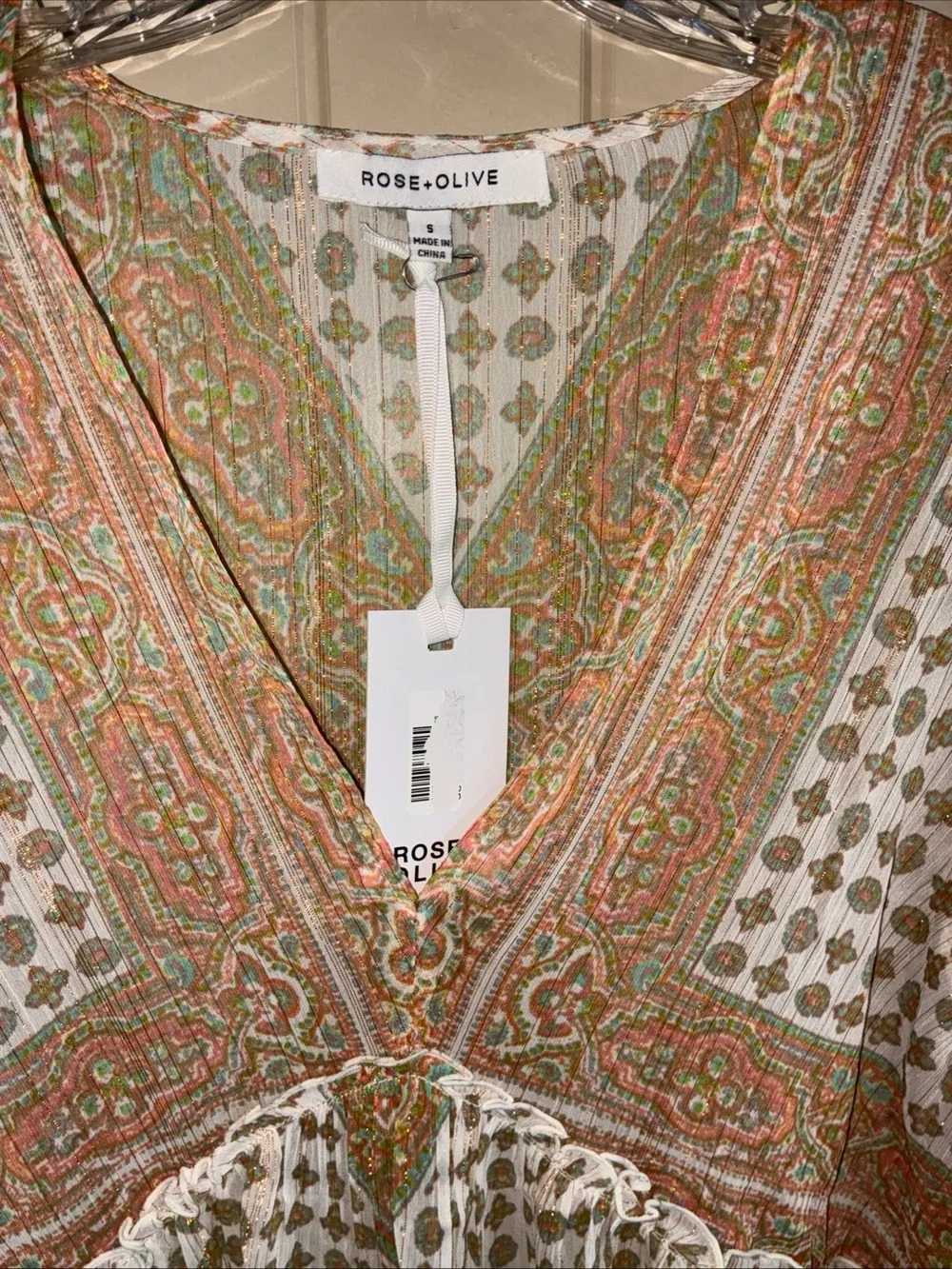 Rose & Olive Paisley V-Neck Blouse in Cream, Olive & Terracotta - Picture 3 of 9
